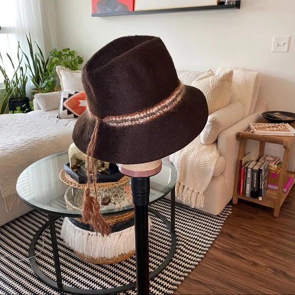Vintage Brown 100% Rabbit Fedora W Braided Wool Accent Tie 